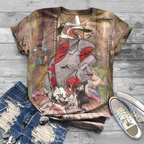 Retro Retro Japanese Nekomata Print Crew Neck Cozy Vintage T-Shirt