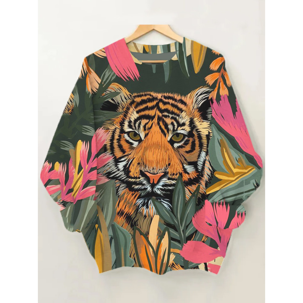 Tiger Floral Art  Print Crew Neck Sweatshirt