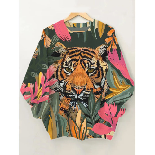 Tiger Floral Art  Print Crew Neck Sweatshirt