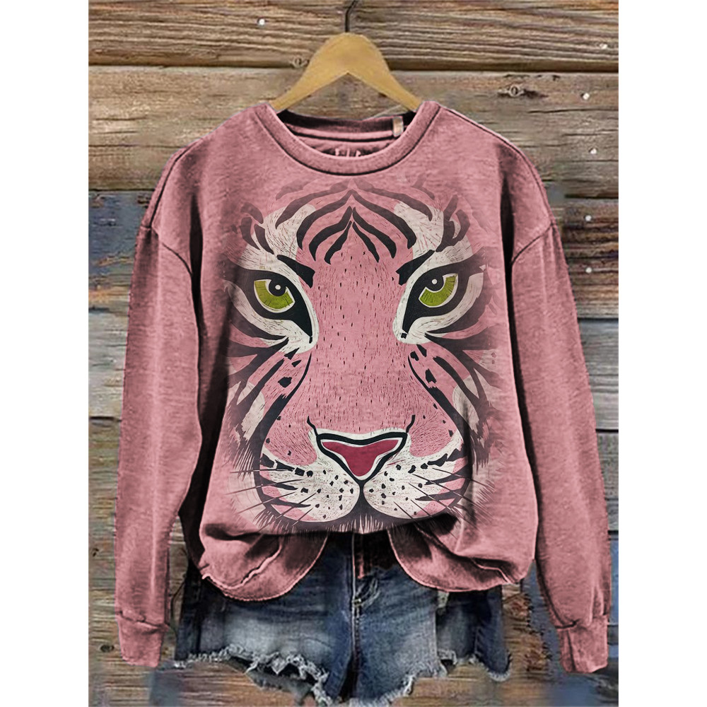 Vintage Pink Tiger Face Art Washed Sweatshirt