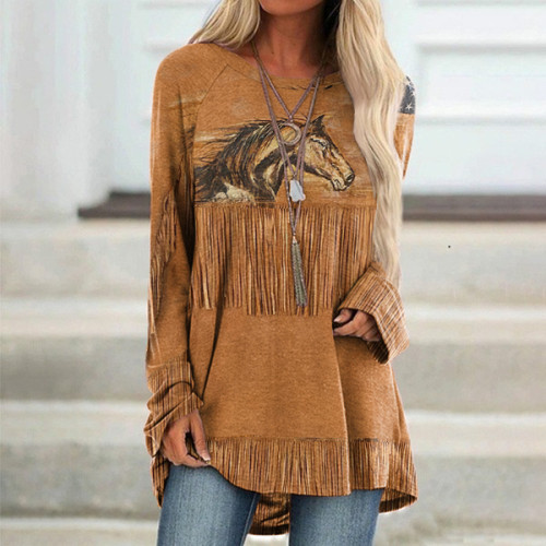 Western Horse Tassel Print Casual Tunic
