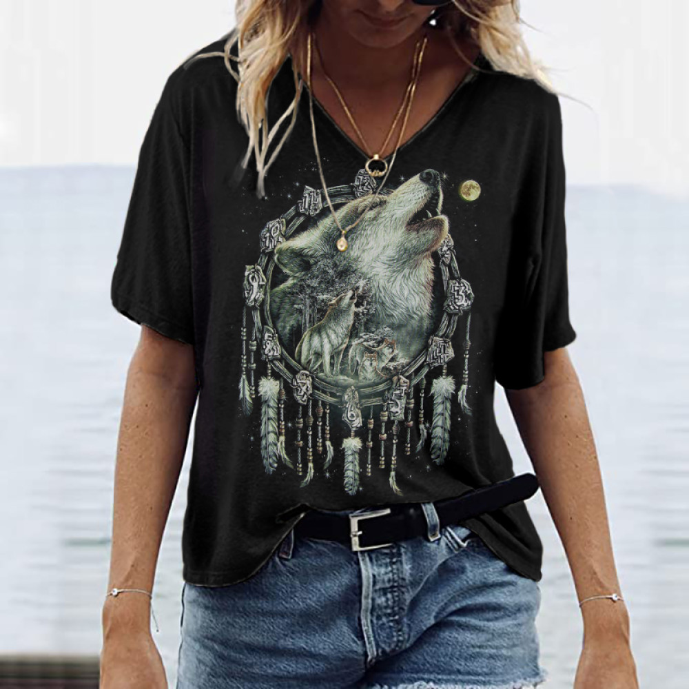 Western Moon And Wolf Printed V Neck Comfy T Shirt