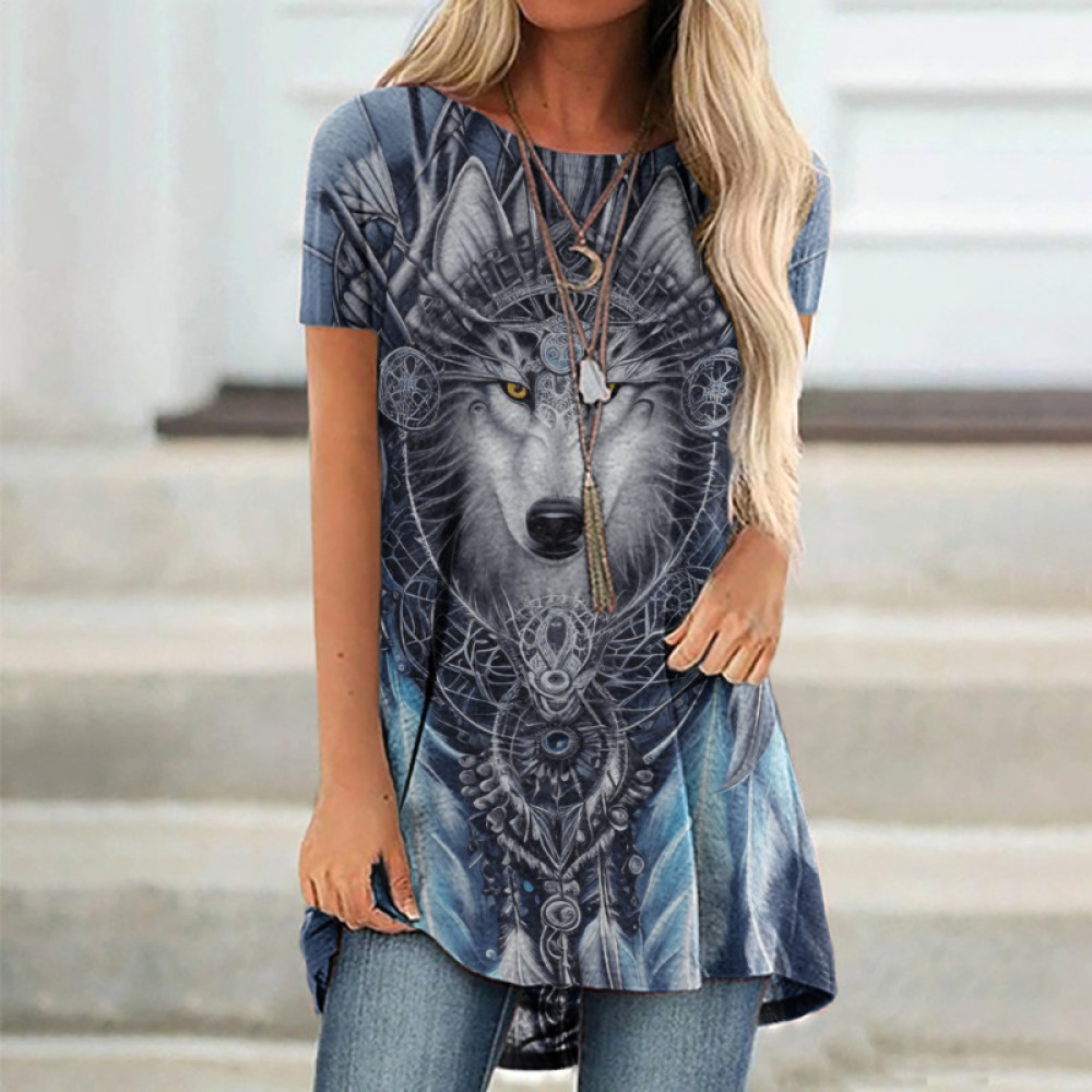 Western Wolf Print Short Sleeve Casual Tunic