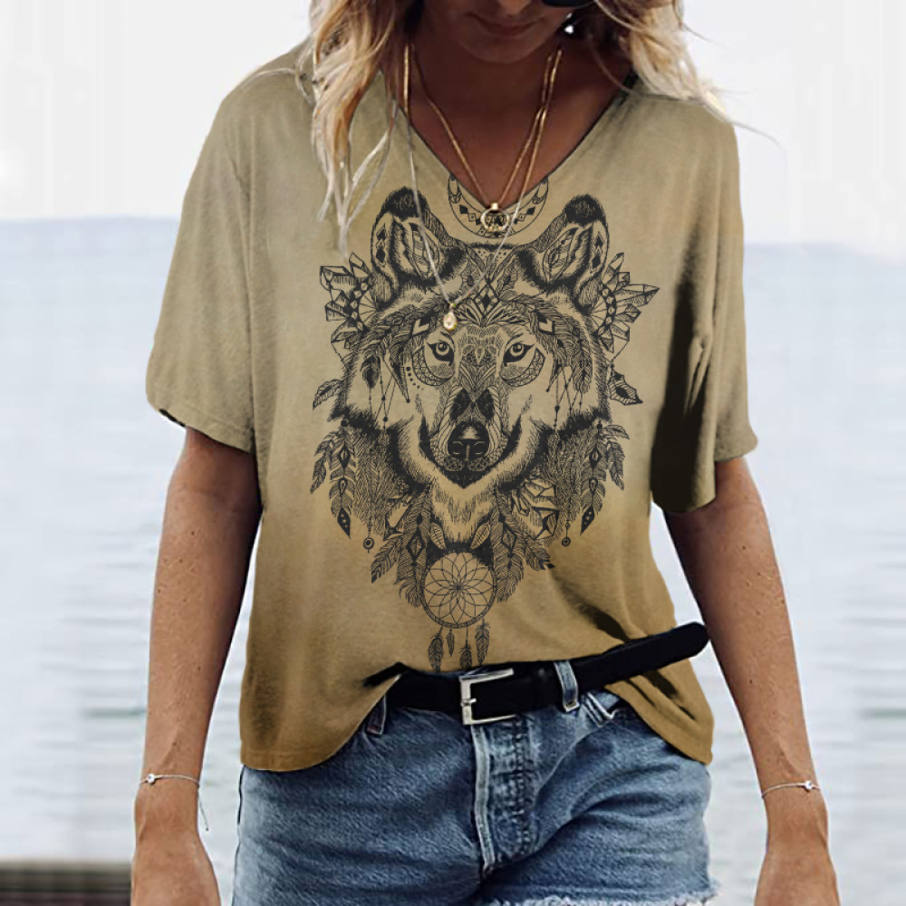 Western Wolf Sketch Printed Comfy T Shirt