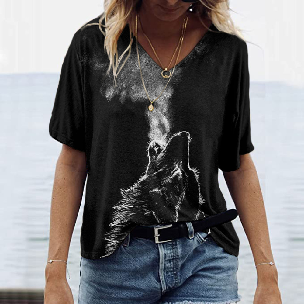 Western Wolf Sketch Printed V Neck Comfy T Shirt