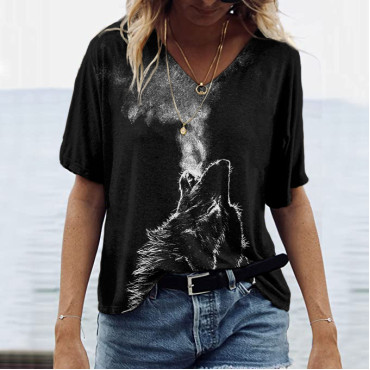 Western Wolf Sketch Printed V Neck Comfy T Shirt