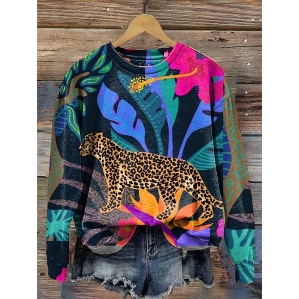 Women's Animal Leopard Floral Print Long Sleeve Crewneck Sweatshirt