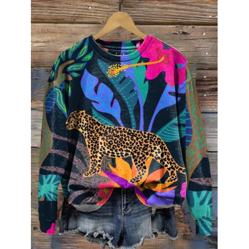 Women's Animal Leopard Floral Print Long Sleeve Crewneck Sweatshirt