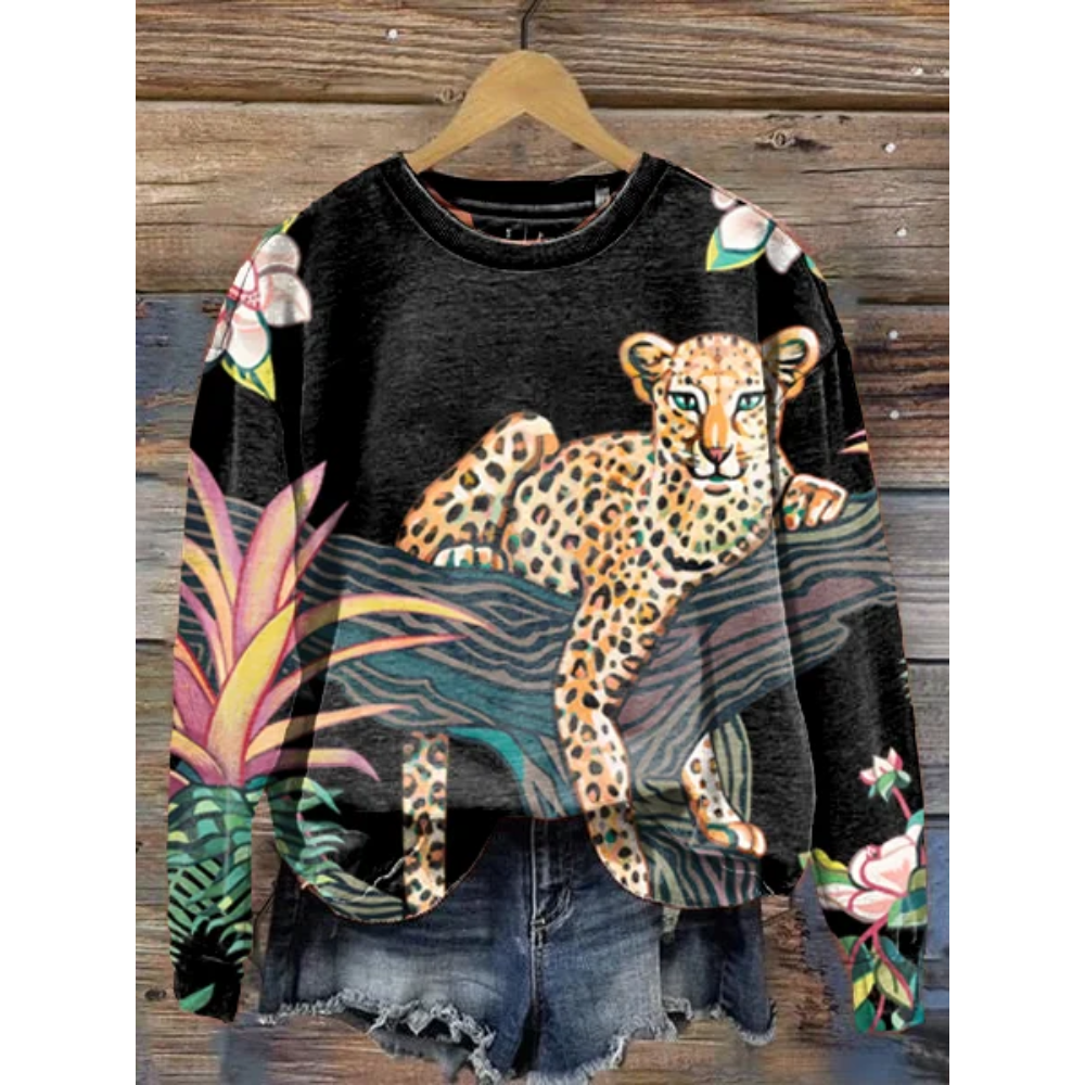 Women's Animal Leopard Print Long Sleeve Crewneck Sweatshirt