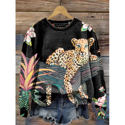 Women's Animal Leopard Print Long Sleeve Crewneck Sweatshirt