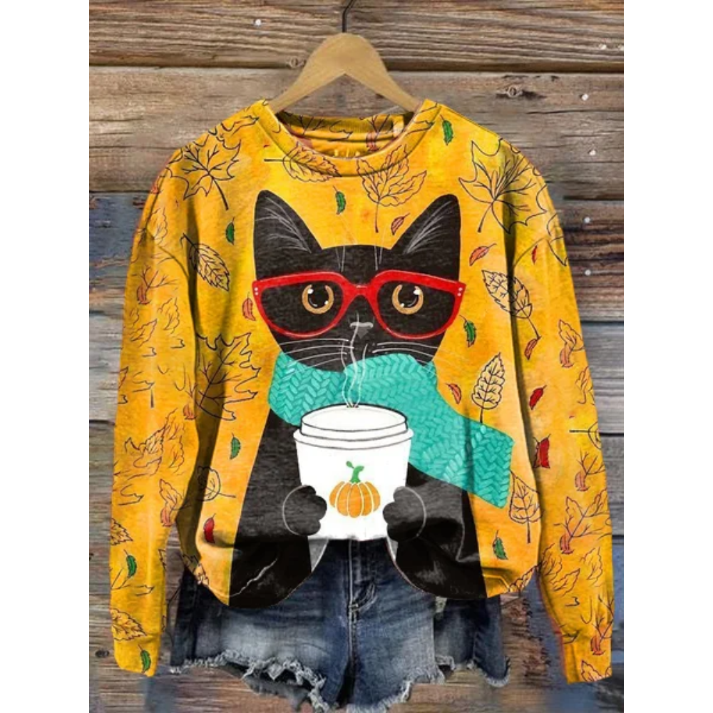 Women's Autumn Cat Drinking Coffee Round Neck Loose Long Sleeve T-Shirt Sweatshirt