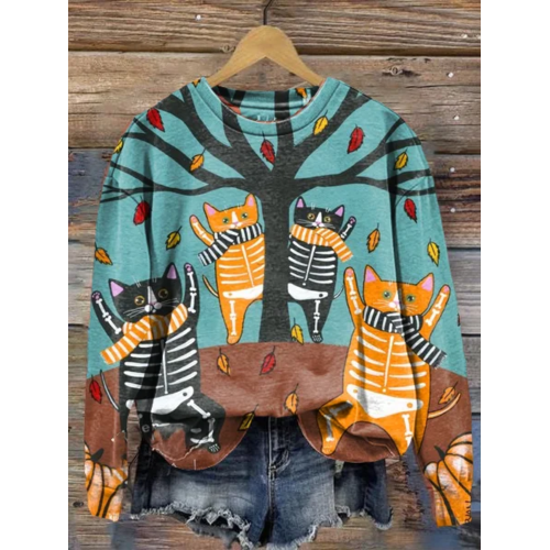 Women's Autumn Halloween Cat Round Neck Loose Long Sleeve T-Shirt Sweatshirt