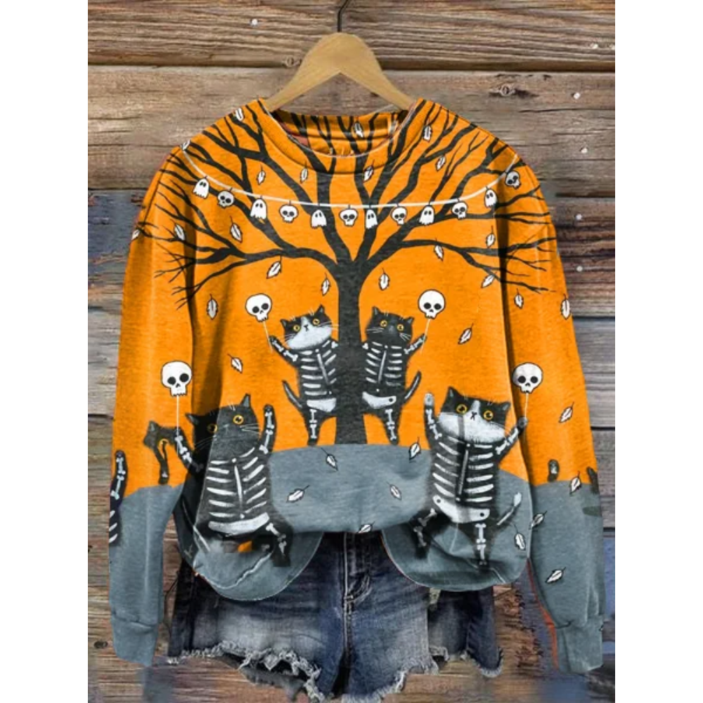 Women's Halloween Cat Party Crew Neck Loose Long Sleeve T-Shirt Sweatshirt