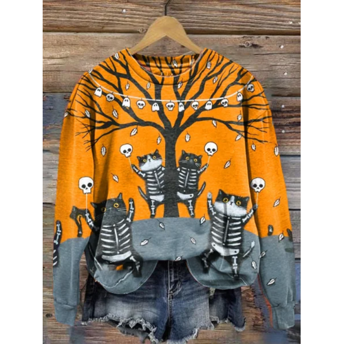 Women's Halloween Cat Party Crew Neck Loose Long Sleeve T-Shirt Sweatshirt