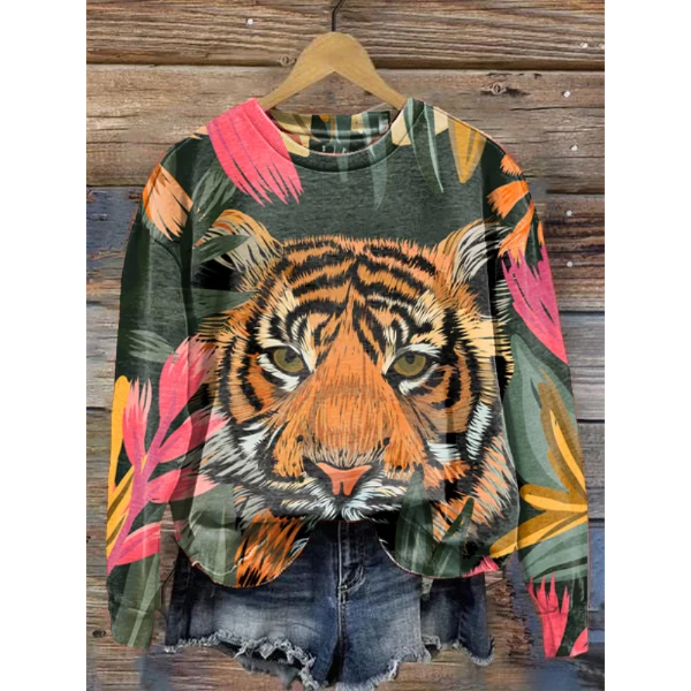 Women's Tiger Floral Print Long Sleeve Crewneck Sweatshirt