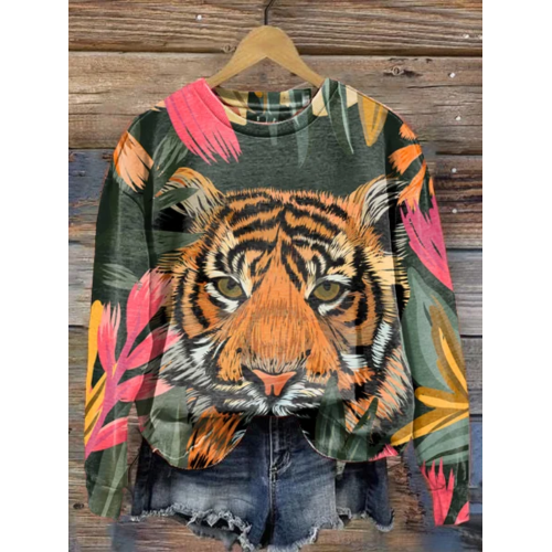 Women's Tiger Floral Print Long Sleeve Crewneck Sweatshirt
