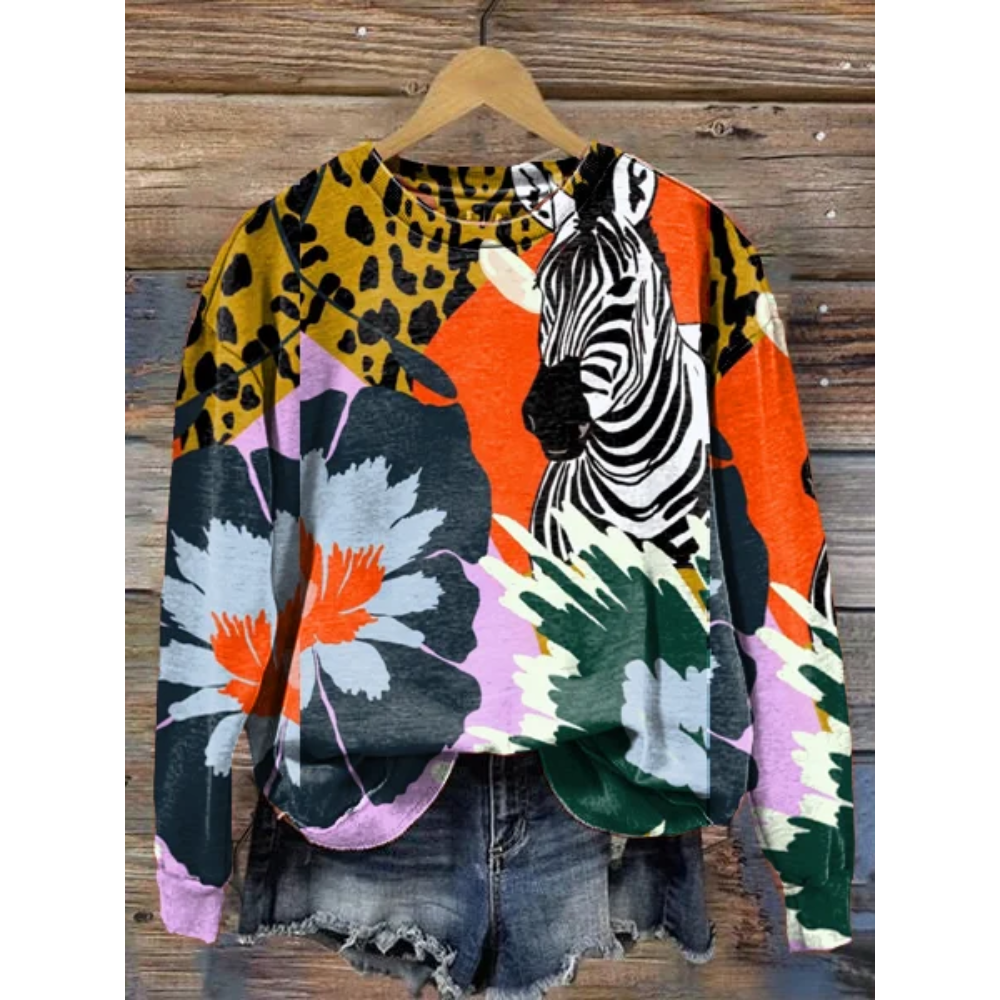 Women's Zebra Animal Print Long Sleeve Crewneck Sweatshirt