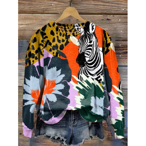 Women's Zebra Animal Print Long Sleeve Crewneck Sweatshirt