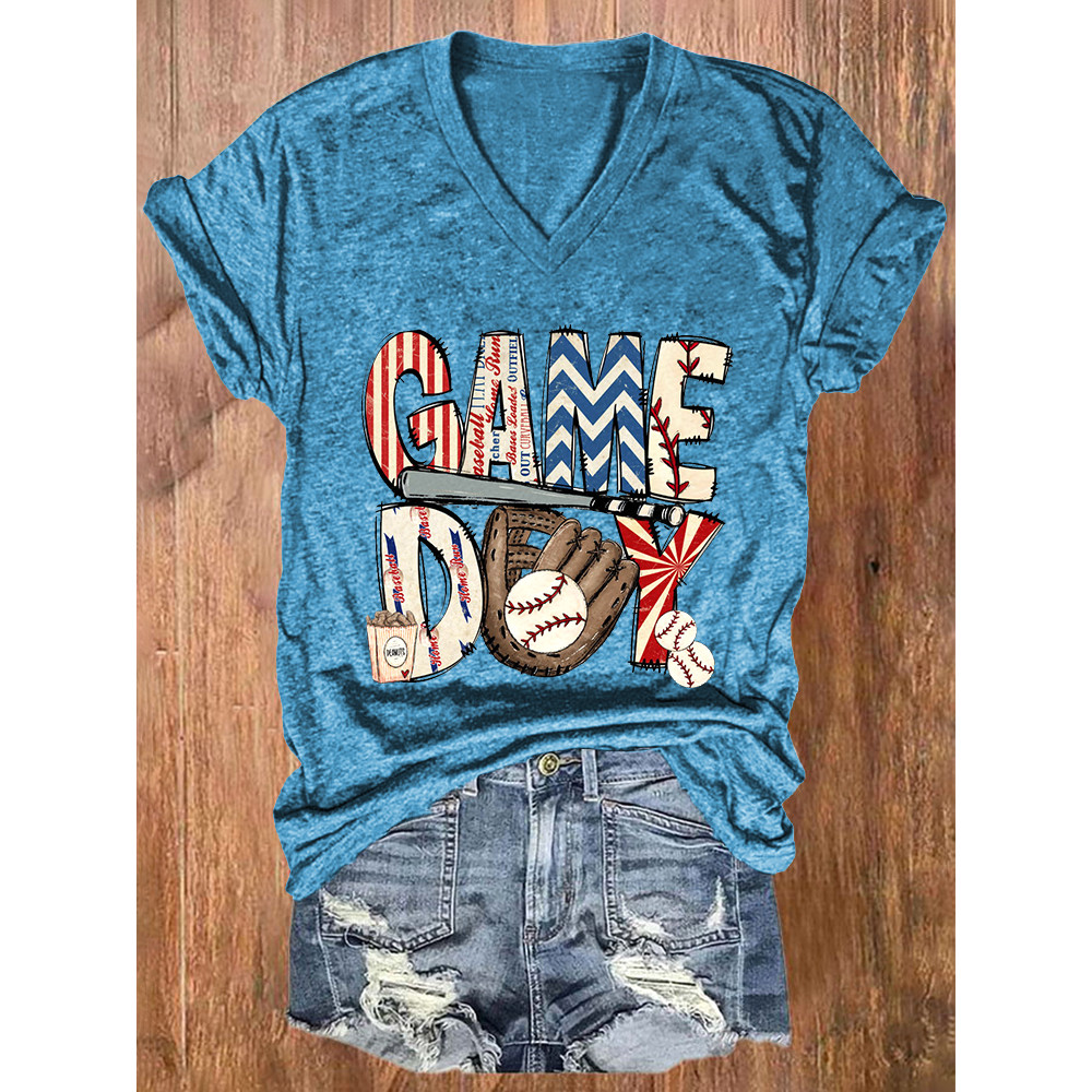 Baseball Game Day Print Casual Cozy V-Neck T-Shirt