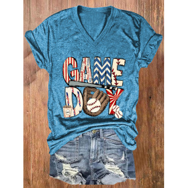 Baseball Game Day Print Casual Cozy V-Neck T-Shirt