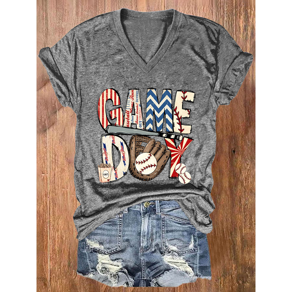 Baseball Game Day Print Casual Cozy V-Neck T-Shirt