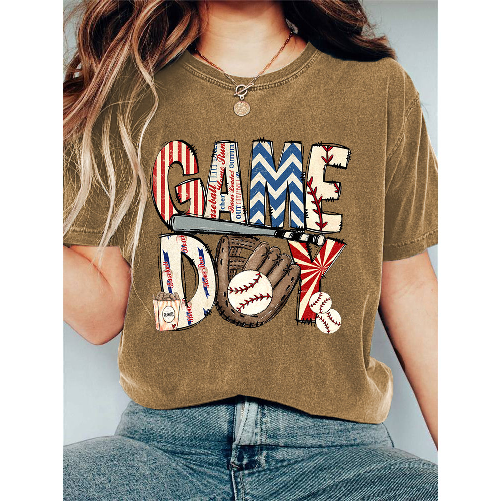 Baseball Game Day Print Casual Cozy Vintage T-Shirt