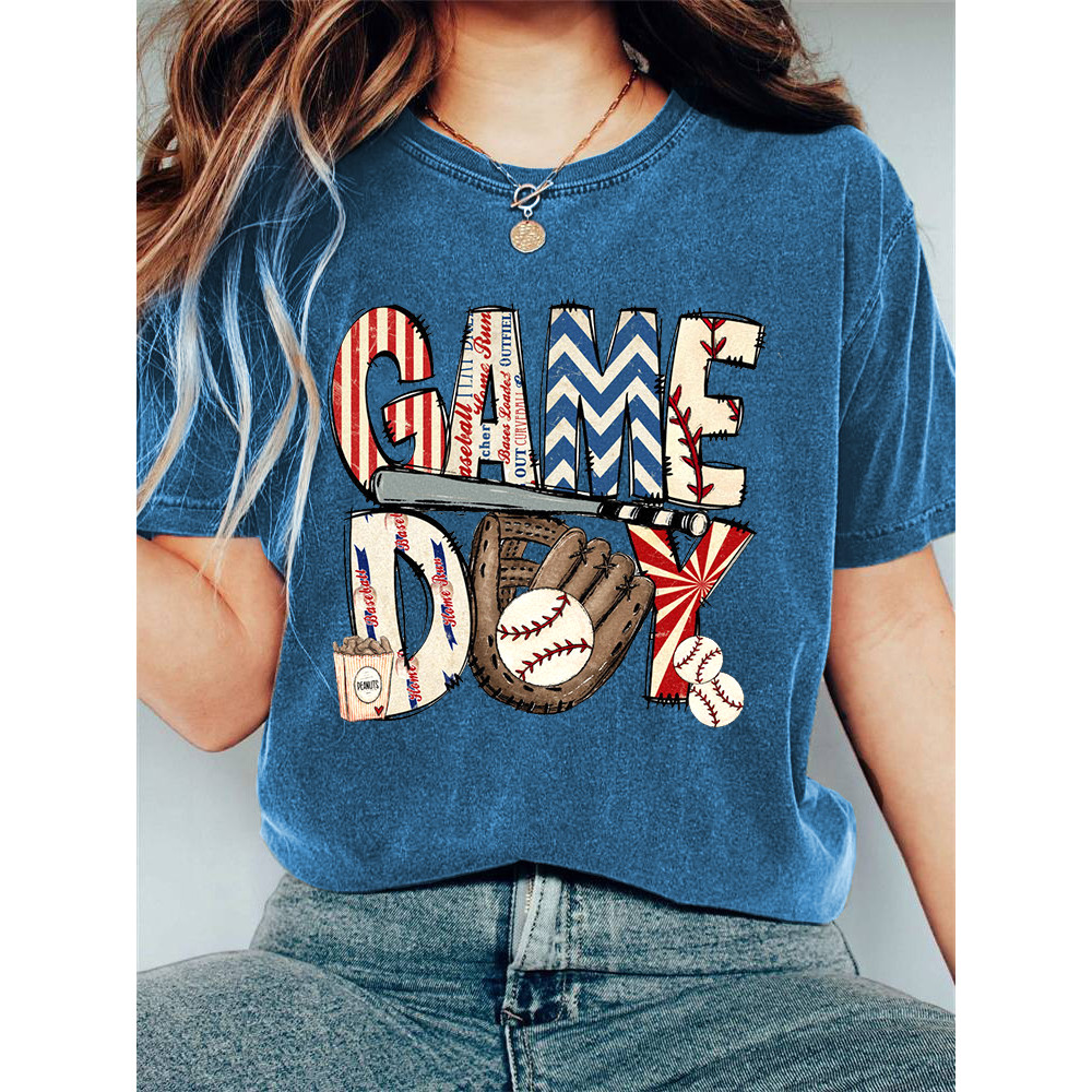 Baseball Game Day Print Casual Cozy Vintage T-Shirt