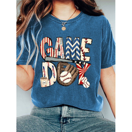 Baseball Game Day Print Casual Cozy Vintage T-Shirt