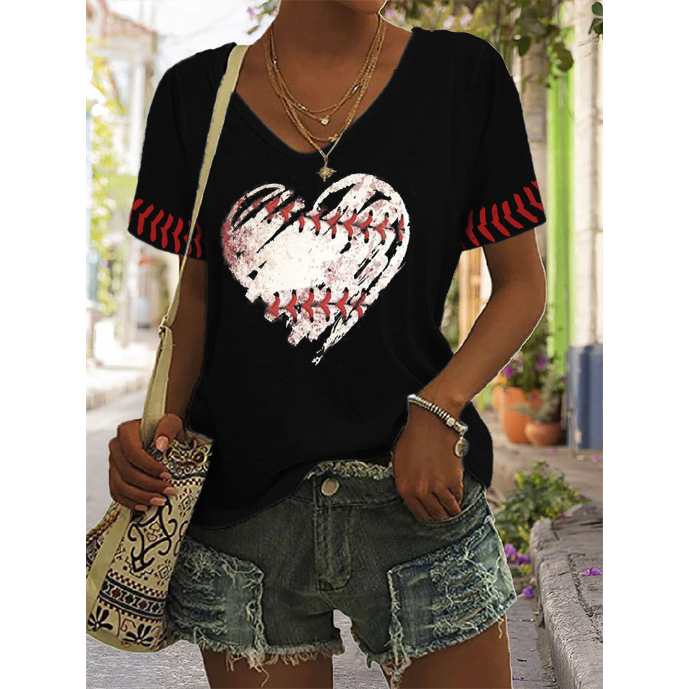 Baseball Heart Print Casual V Neck T Shirt