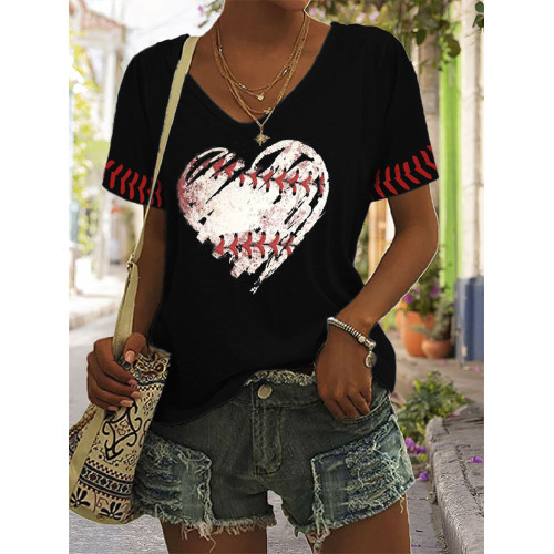 Baseball Heart Print Casual V Neck T Shirt