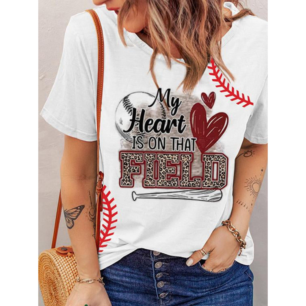 Baseball Lover My Heart Is On That Field Printed Casual Tee