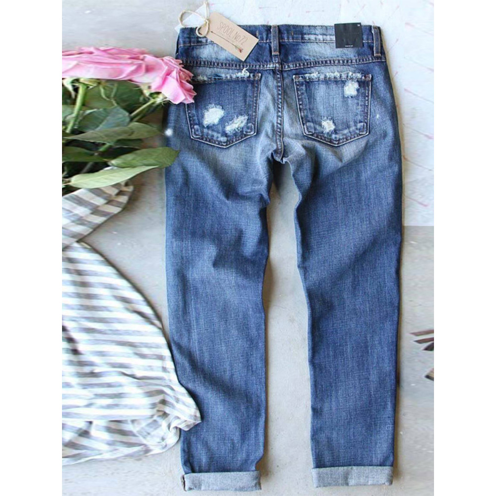 Baseball Lovers Ripped Print Straight Casual Jeans