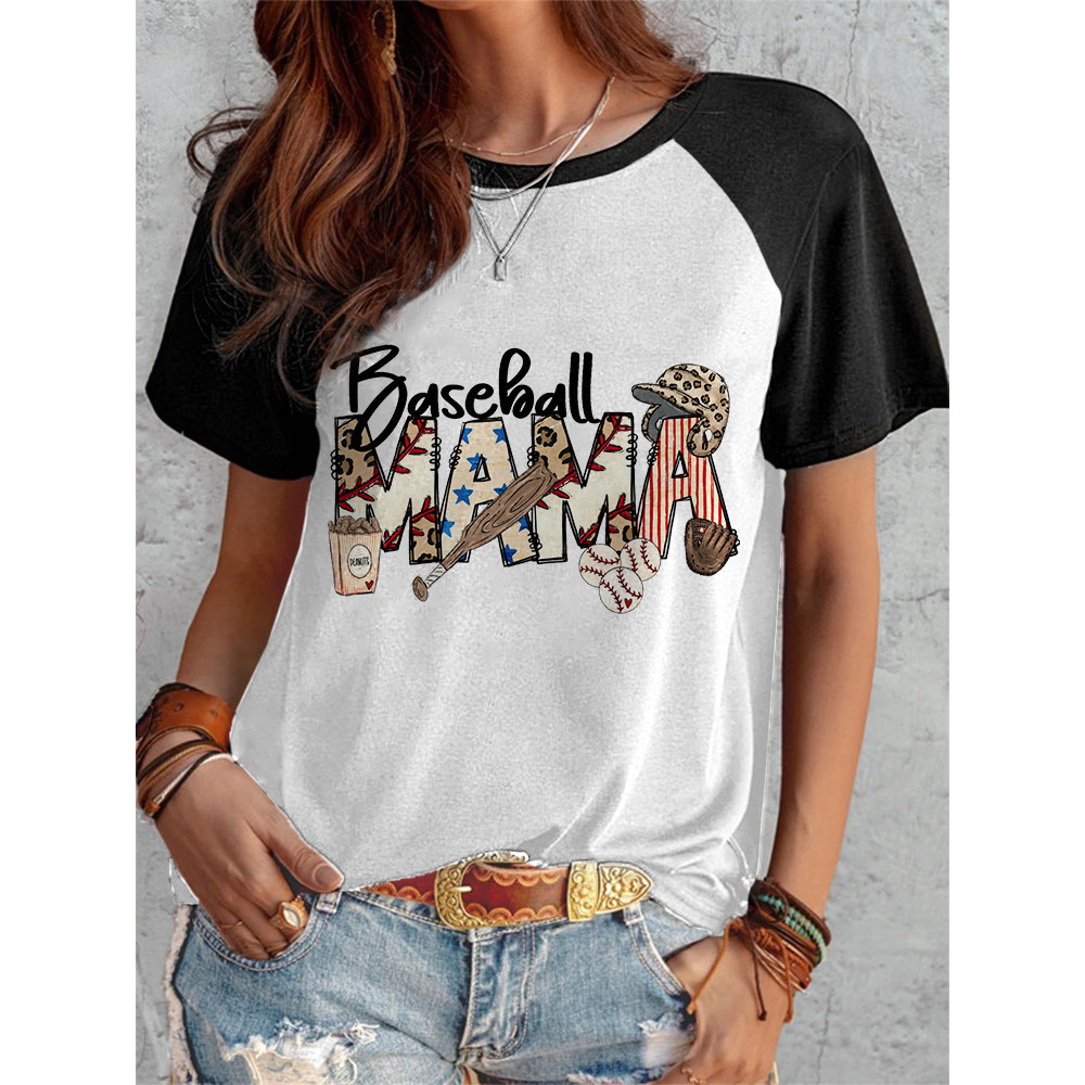 Baseball Mom Print Casual Cozy Crew Neck T-Shirt