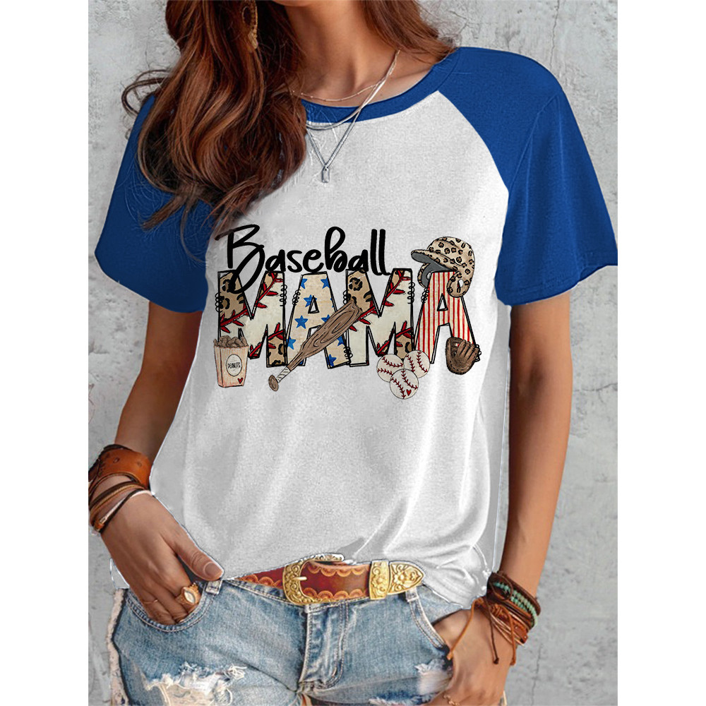 Baseball Mom Print Casual Cozy Crew Neck T-Shirt