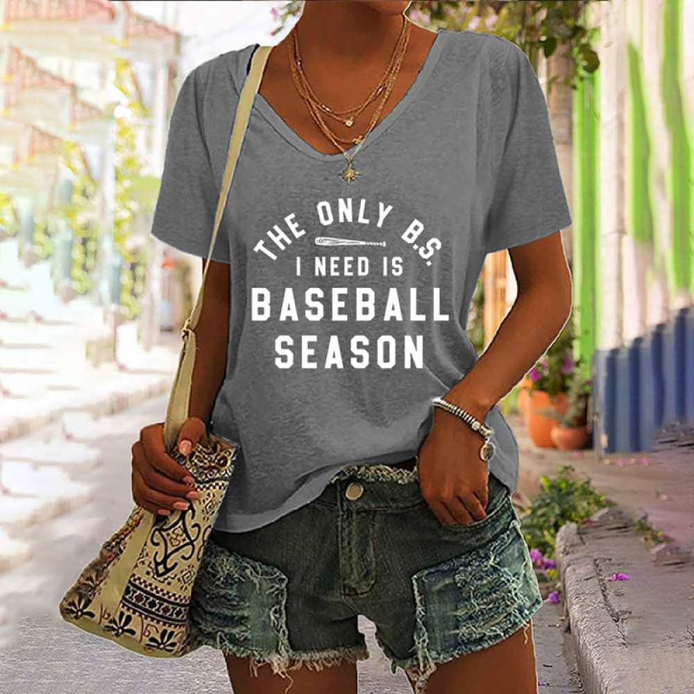Baseball Mom Print V Neck Casual T-Shirt