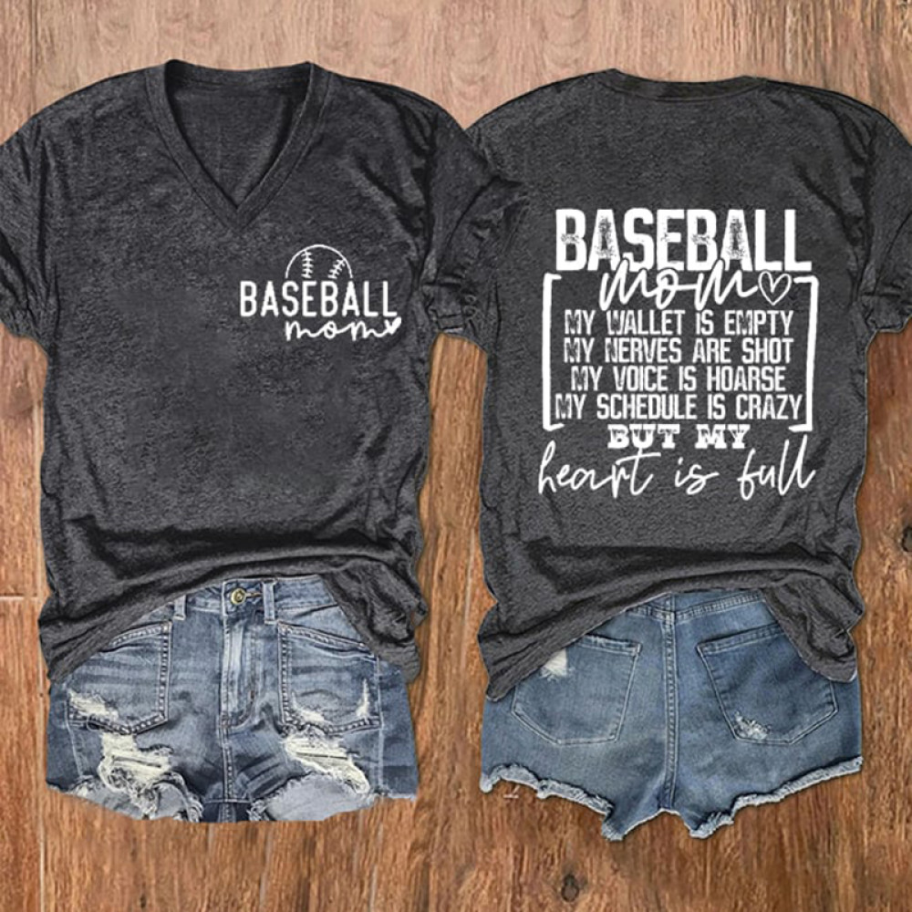 Baseball Mom Print V-Neck T-Shirt