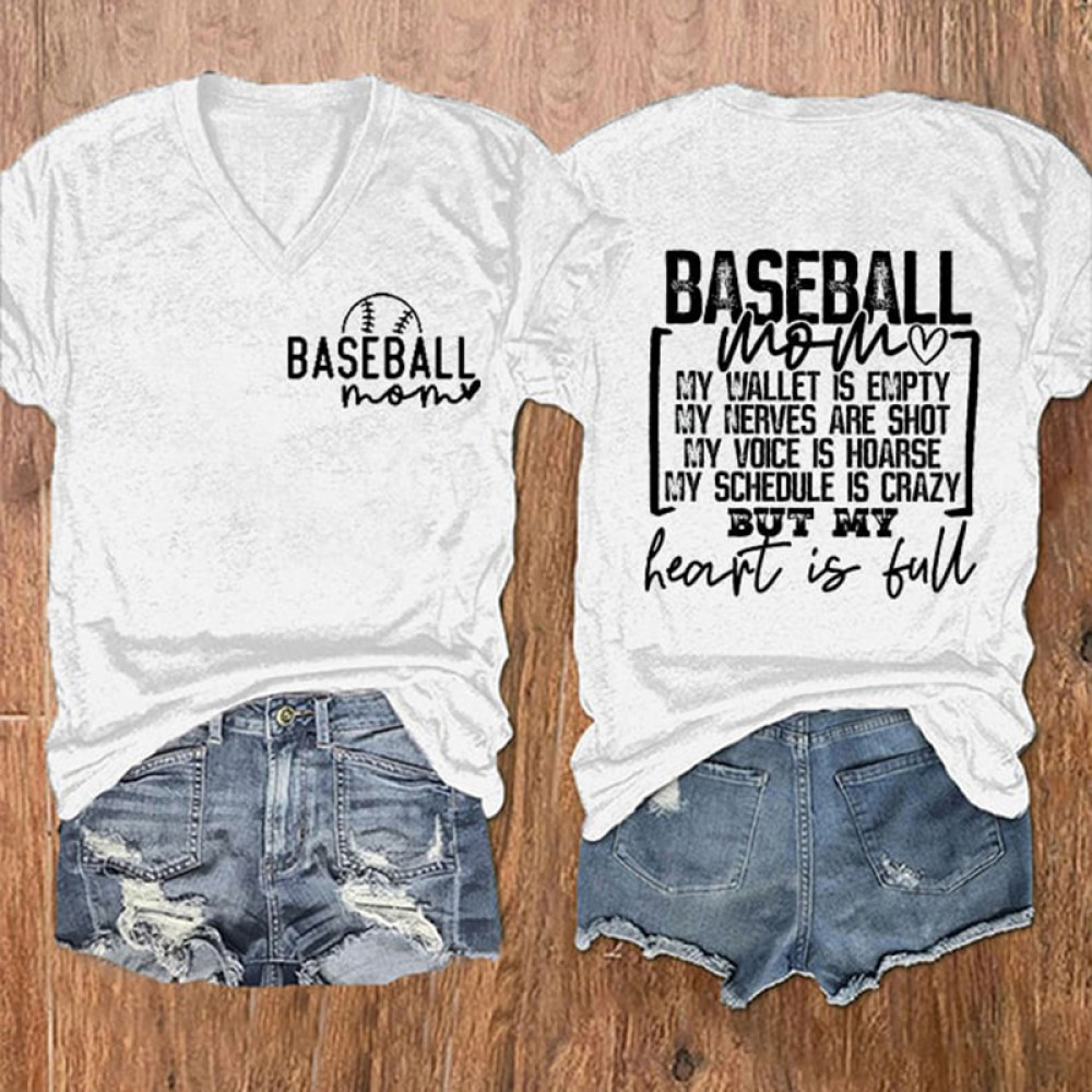 Baseball Mom Print V-Neck T-Shirt