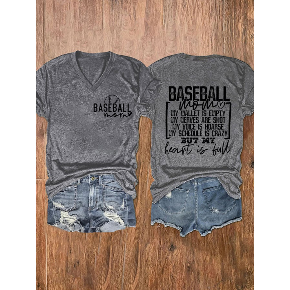 Baseball Mom Print V-Neck T-Shirt