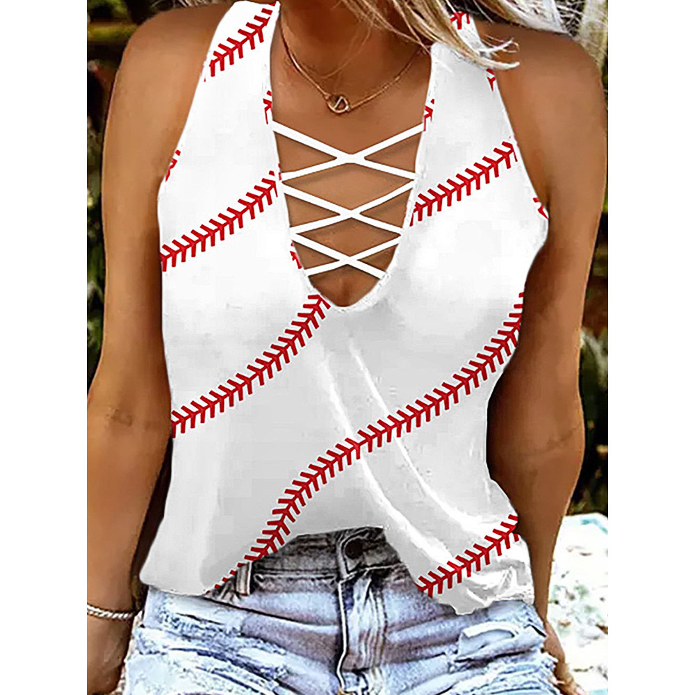 Baseball Pattern Print Casual Cozy V Neck Tank Top