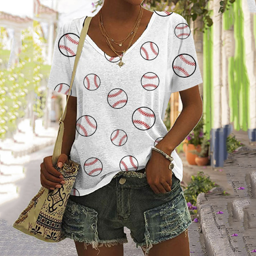 Baseball Print V-Neck Short Sleeve T-Shirt
