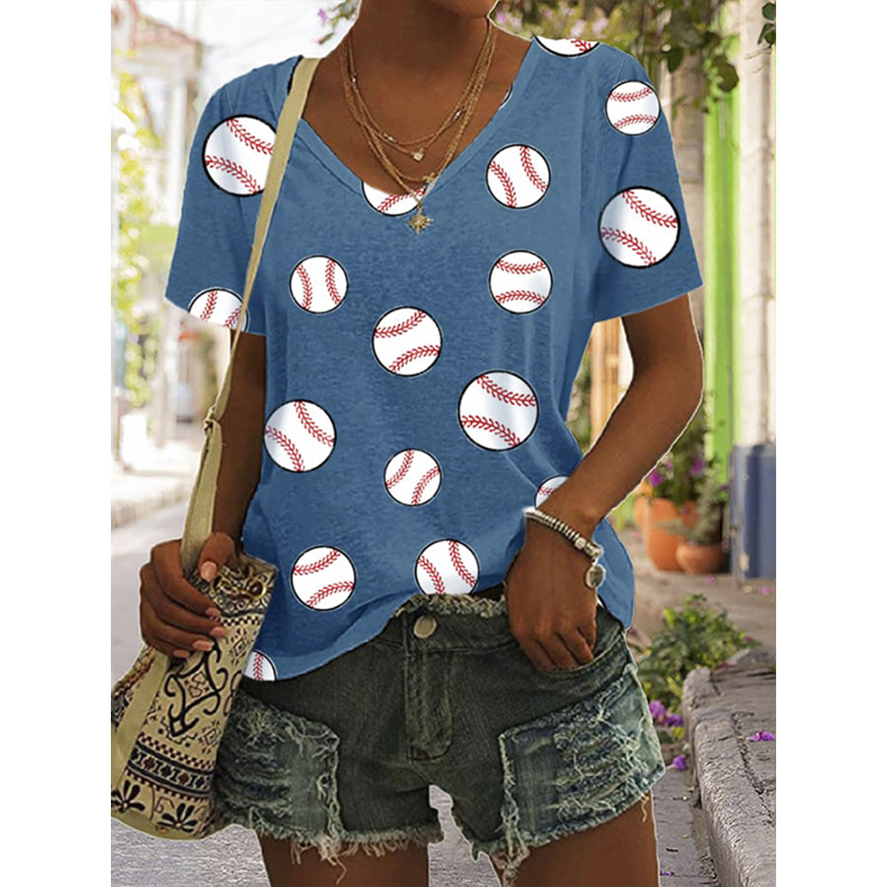 Baseball Print V-Neck Short Sleeve T-Shirt