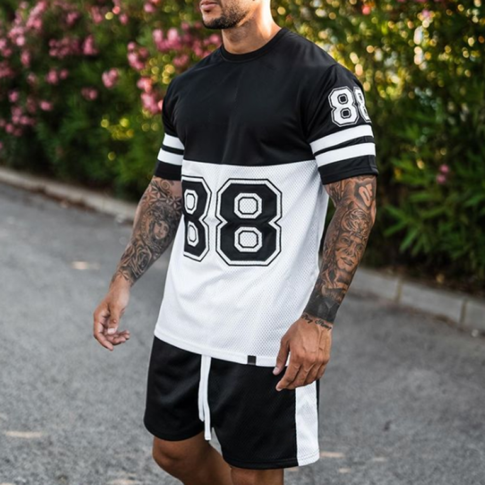 Black And White Contrast T-Shirt And Shorts Two-Piece Set