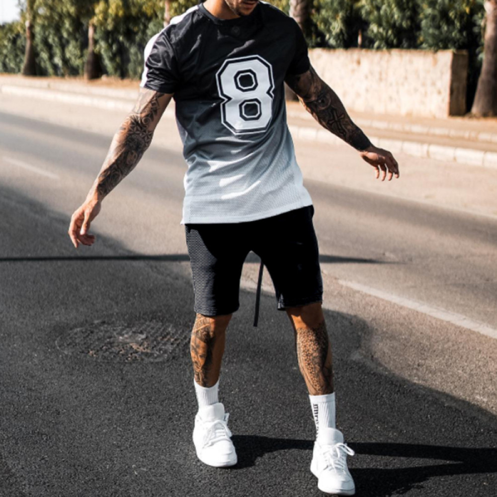 Black And White Gradient T-Shirt And Shorts Two-Piece Set