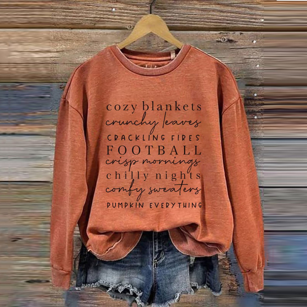 Cozy Blankets Crunchy Leaves Crackling Fires Football Print Crew Neck Long Sleeve Sweatshirt