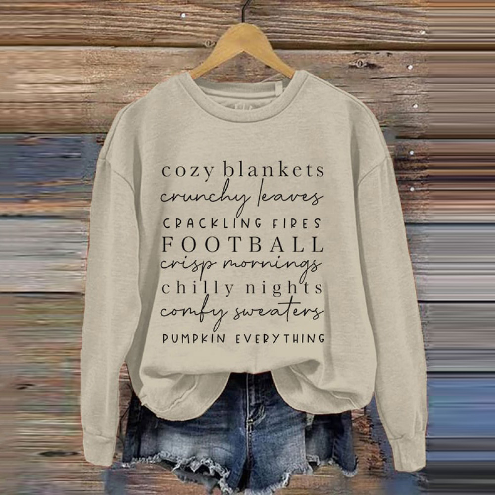 Cozy Blankets Crunchy Leaves Crackling Fires Football Print Crew Neck Long Sleeve Sweatshirt