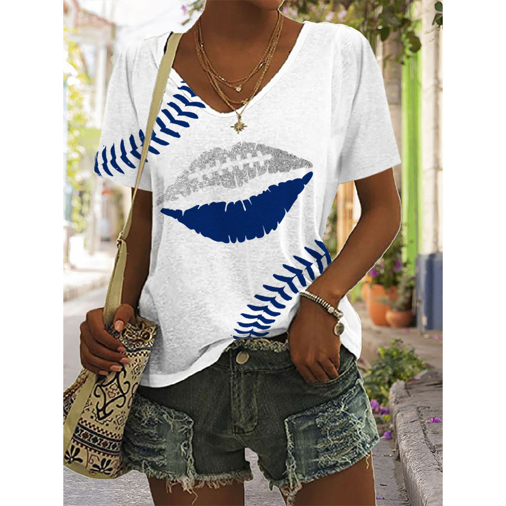 Football Lover Glitter Lips V Neck T Shirt