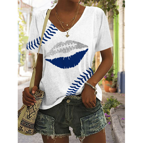 Football Lover Glitter Lips V Neck T Shirt