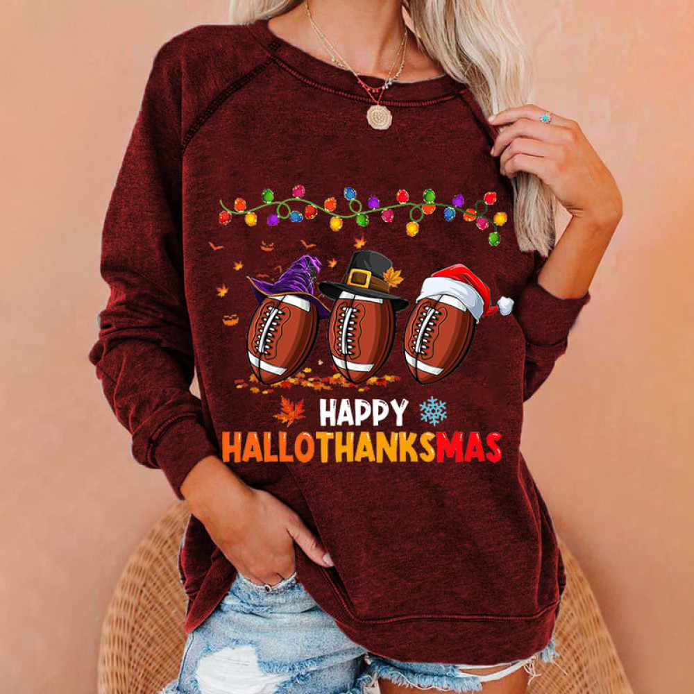 Happy Hallothanksmas Football Printed Sweatshirt