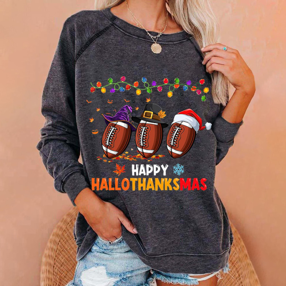 Happy Hallothanksmas Football Printed Sweatshirt