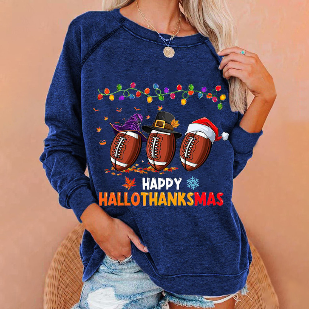 Happy Hallothanksmas Football Printed Sweatshirt